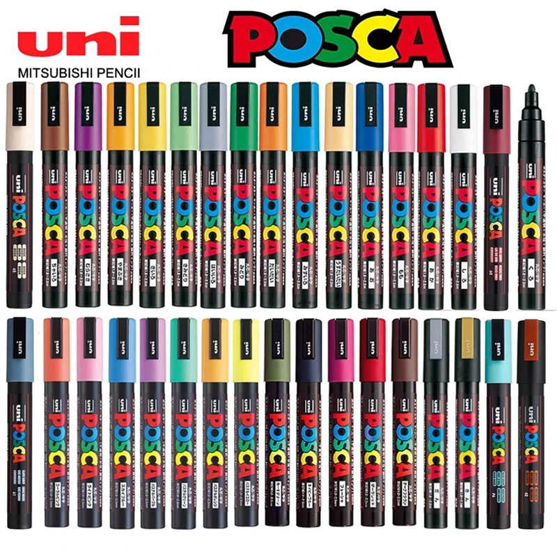 Uni posca conjunto completo marcadores de tinta acrílica canetas PC-1M PC-3M PC-5M 7/8/12/15/24/29c para pintura de rocha, frabric, vidro/metal, grafite