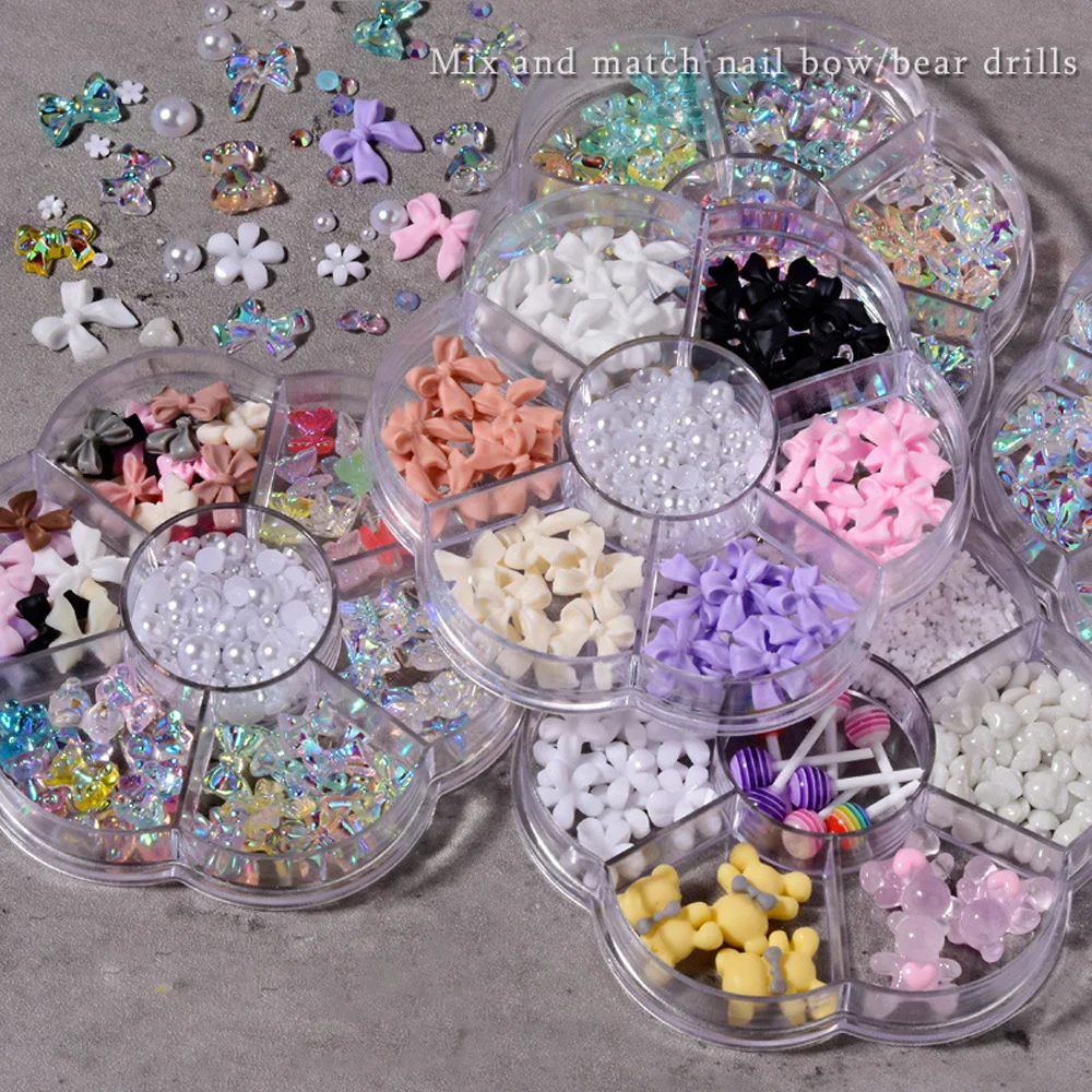 

1Box Mixed Shape Bowknot Nail Art Decoration Kawaii Cartoon Bear Dog Charms Resin Pearl Flower Parts Manicure Accessories LK-032