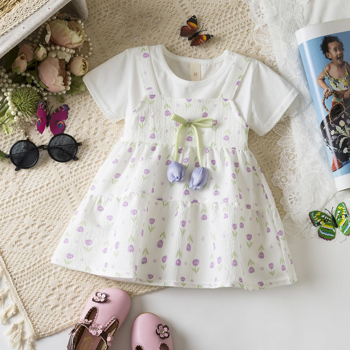 Baby Girl Dress Summer Tulip Pattern Knit Short Sleeve Girl Dress Cute Casual Girl Kid’s Dress