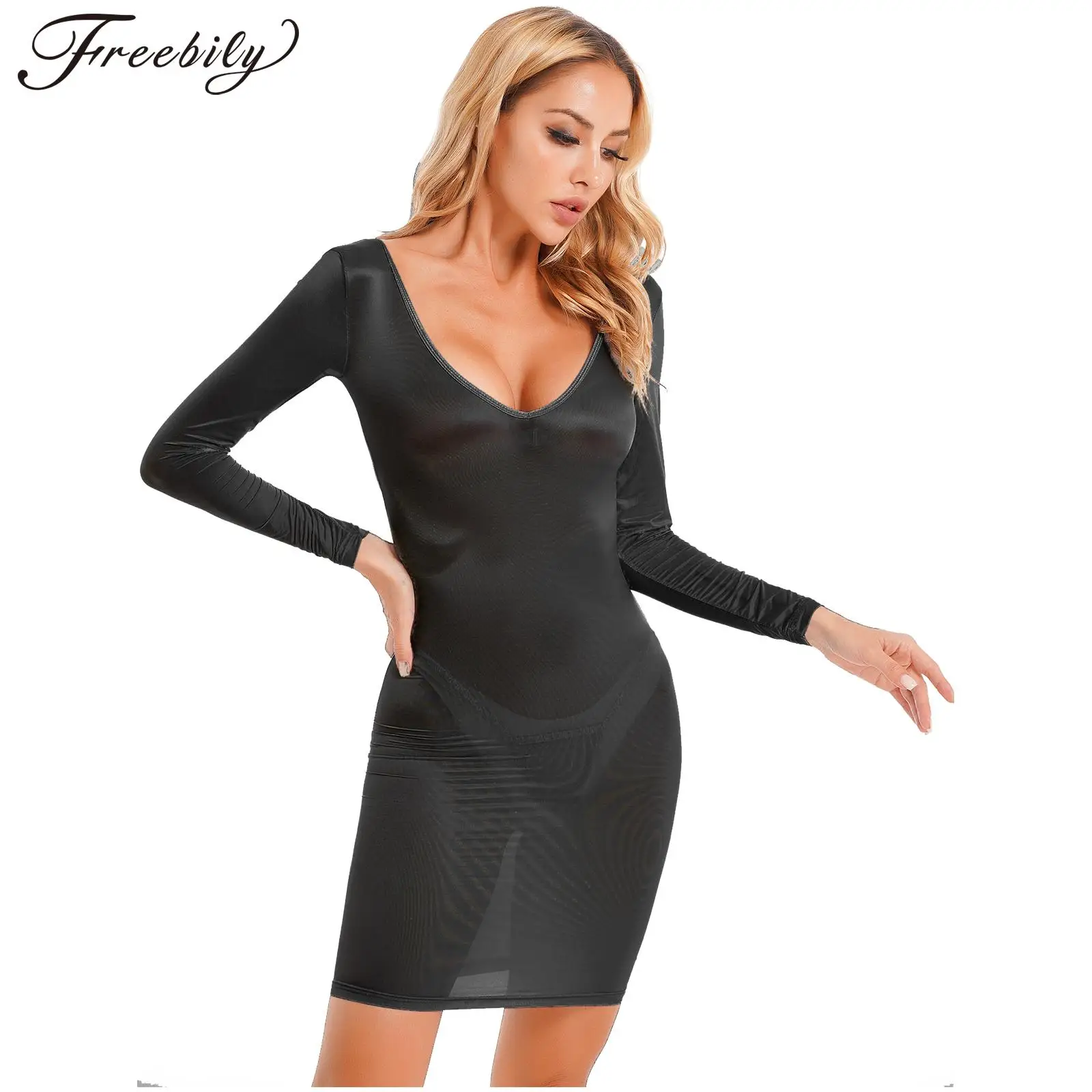 Women Sexy Bodycon Dress Glossy Deep V Neck Long Sleeve Night Dress women-sexy-bodycon-dress-glossy-deep-v-neck-long-sleeve-night-dress