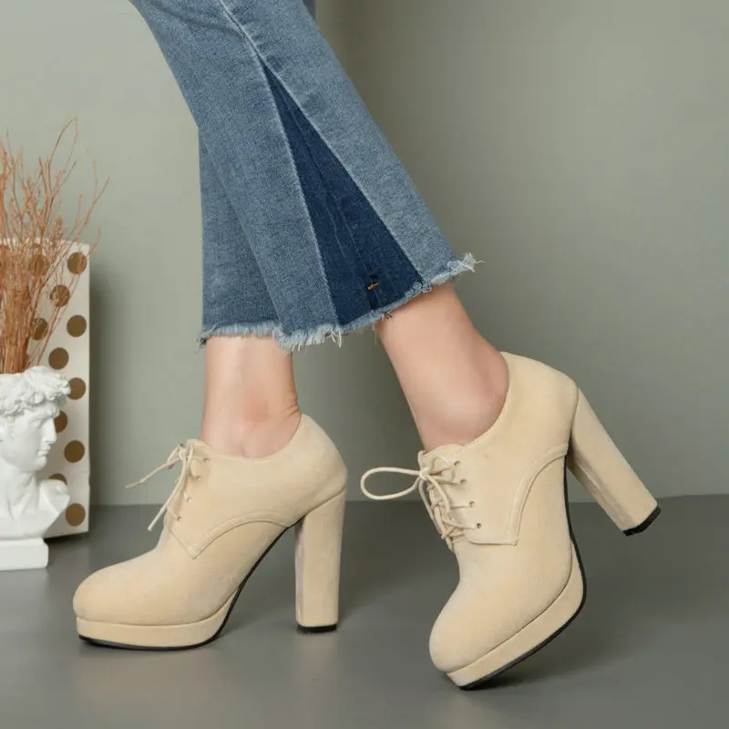

Flock Lace-up Mature Office Elegant Ladies Shoes Autumn Spring Season Platform Block Heels High Heeled Pumps Womens Derby Shoes