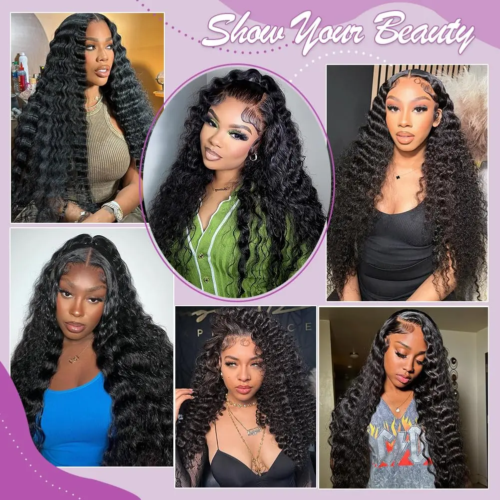 200% Density Deep Wave Lace Front Wigs Human Hair with Drawstring Natural Hairline 26 Inch 13x6 Lace Front Wig for Women 5x5