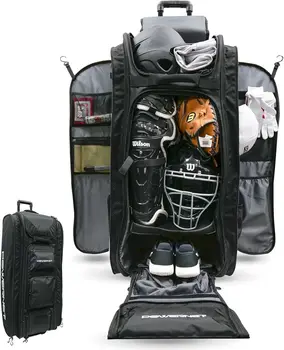 Catcher's Bag, Rolling Equipment Bag Holds All Baseball Softball Gear, 7 Internal Bat Sleeves 1