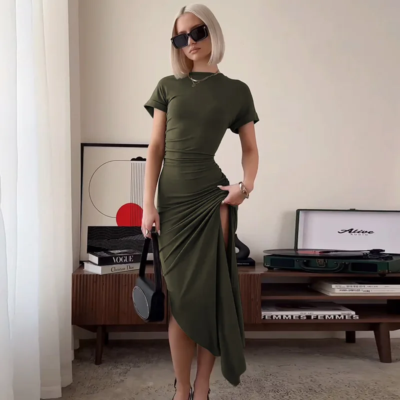 Women's Elegant O Neck Maxi Dress Short Sleeve Slim High Waist Shirring Dress Sexy Side Slit Evening Club Bodycon Dress Lady