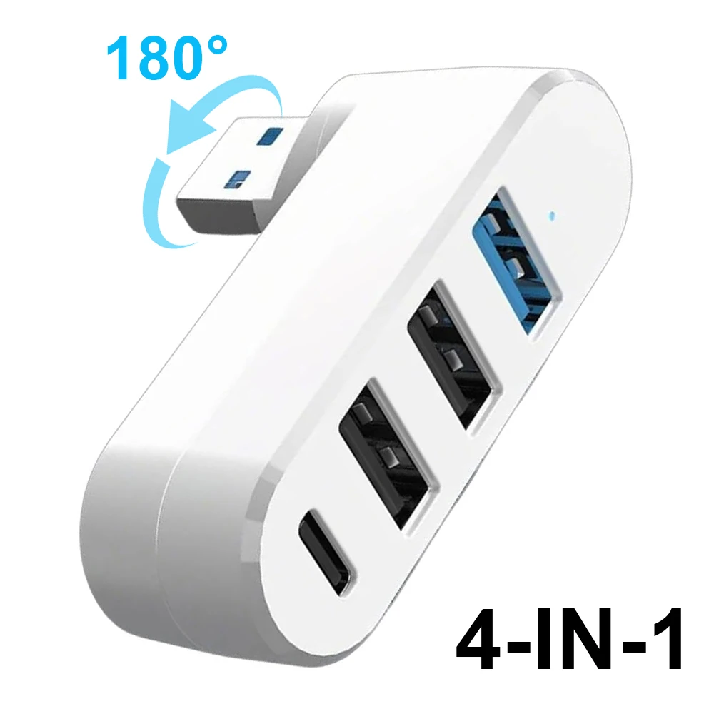 4 في 1 موزع يو إس بي 3.0 180 °   موزع USB متعدد المنافذ قابل للدوران بـ 4 منافذ من نوع C، محول طاقة وموسع متعدد الوظائف 2.0 و3.0 لأجهزة ماك بوك والكمبيوتر