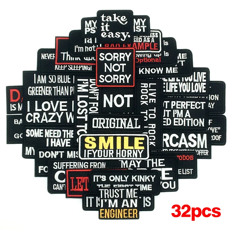 32pcs Iron-On Slogan Patches – Black & White Embroidered Quote Labels for DIY Clothes & Bags