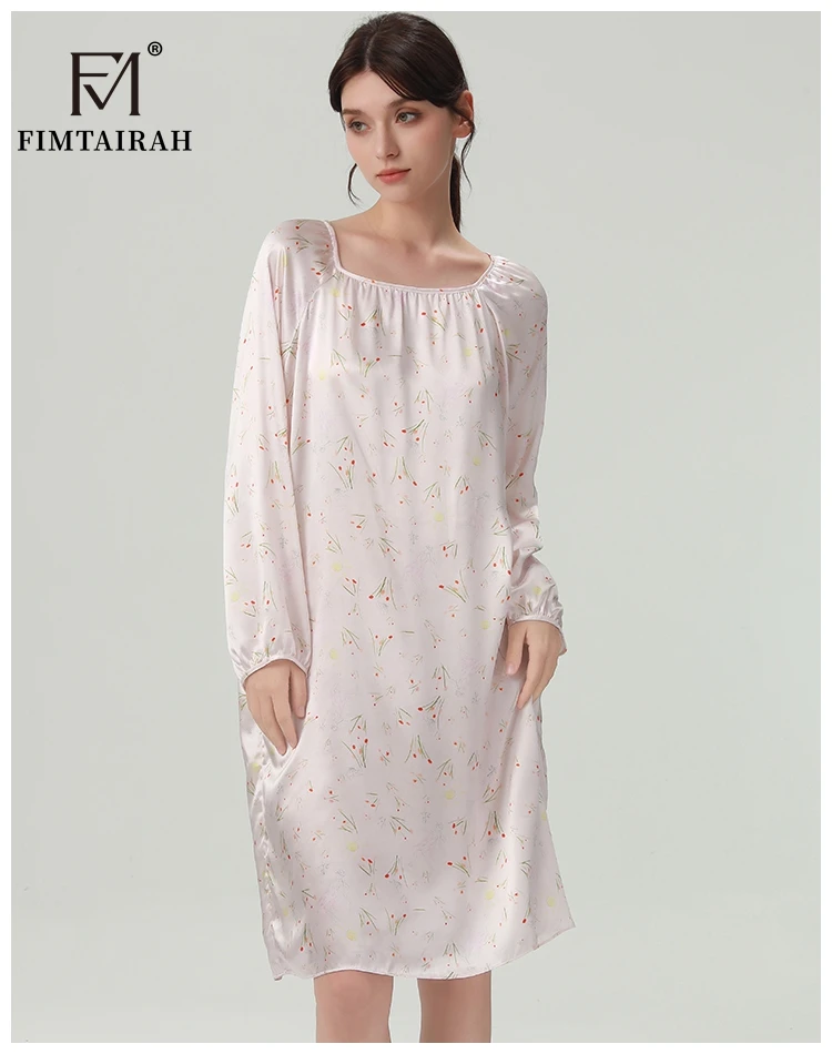 FIMTAIRAH 6A 19MM Silk Nightgown, long pajamas, long-sleeved silk high-end round-neck home wear Dress Night 1