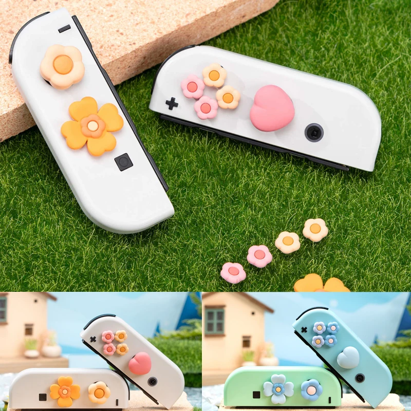 Flor Coração Silicone Soft D-pad Botão Cruz Abxy Key Sticker Capa de Pele para Interruptor Oled ns Joy-con Thumb Stick Grip Cap Cover