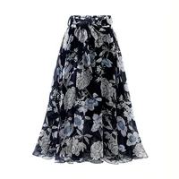 2024 Summer Print Floral Skirts For Women Casual Loose Elastic Waist Plus Size Skirt Belt A-line Chiffon Beach Saias Midi Femme - Image 2