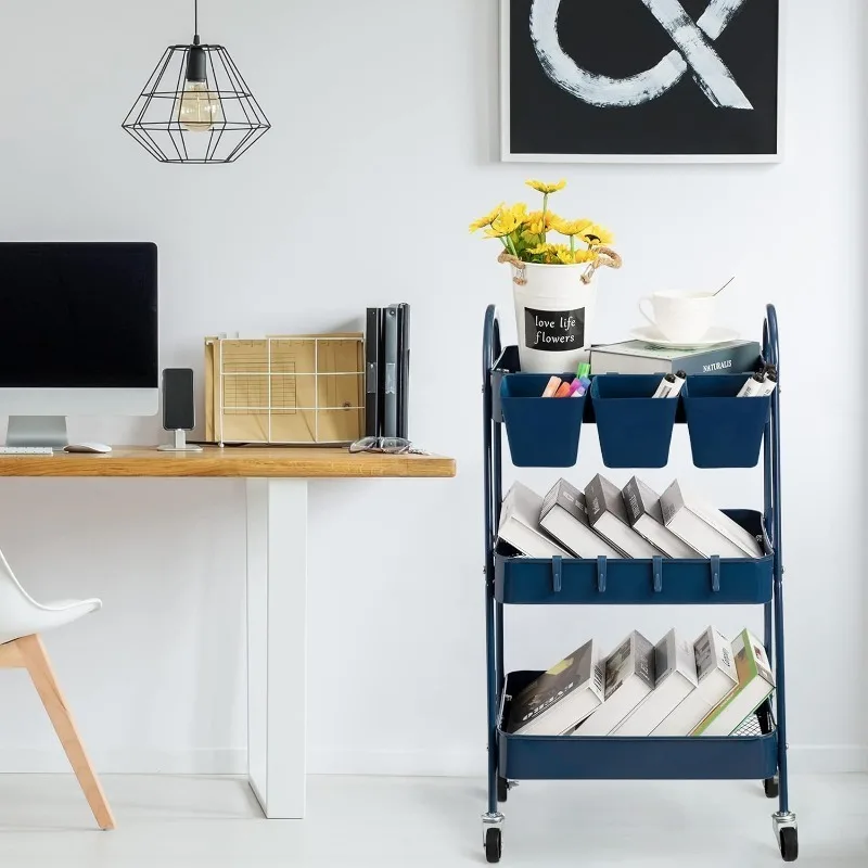 3-Tier Rolling Cart, Metal Rolling Storage with Lockable Wheels & Hanging Cups & Hooks, Mobile Trolley Cart for Kitchen