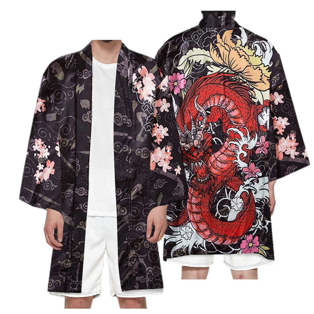 Men's Japanese Long Kimono Cardigan Samurai Costume Kimono Dragon Robe Shirt Yukata Outer Cover Tops