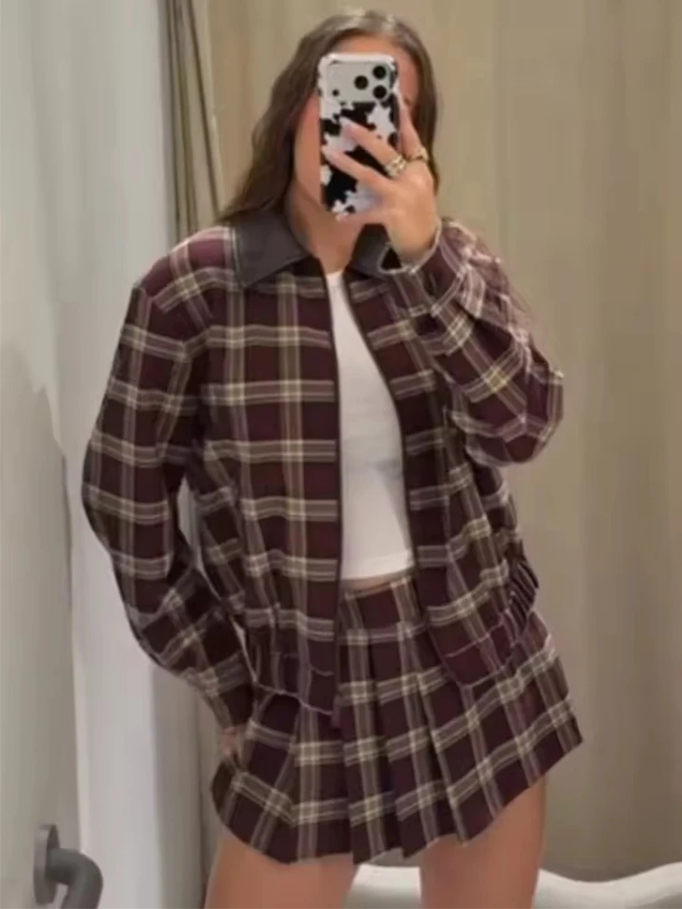 Women Plaid Mini Skirts Two Piece Sets 2025 New Chic Fashion Zipper Bomber Jacket Women's Suits Spring Autumn Woman Outfits