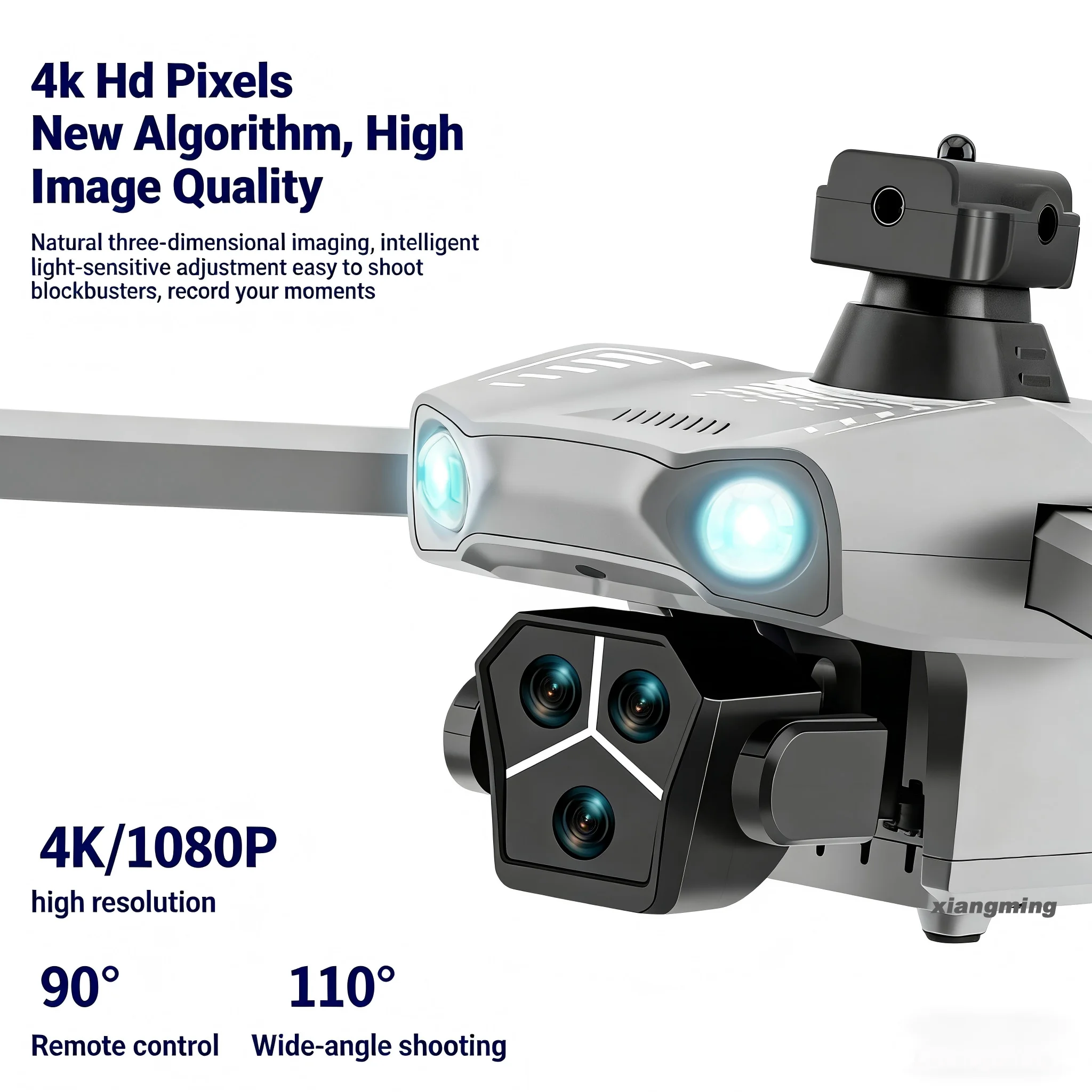 Vue rapprochée de la caméra HD zoom 50x du drone GPS professionnel 4K 5G, avec détails de l'objectif.