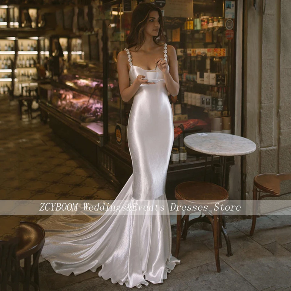 

Charming Sweetheart Spaghetti Straps Evening Dresses 2023 Mermaid Floor Length Sweep Train Open Back Sleeveless Bridal Gown