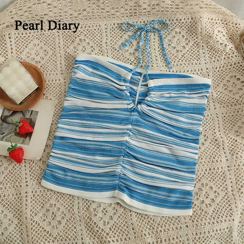 

Pearl Diary Summer V-Neck Small Striped Halter Top Women Sexy Backless Short Crop Tops Fashion Shirring All-Match Knitting Top
