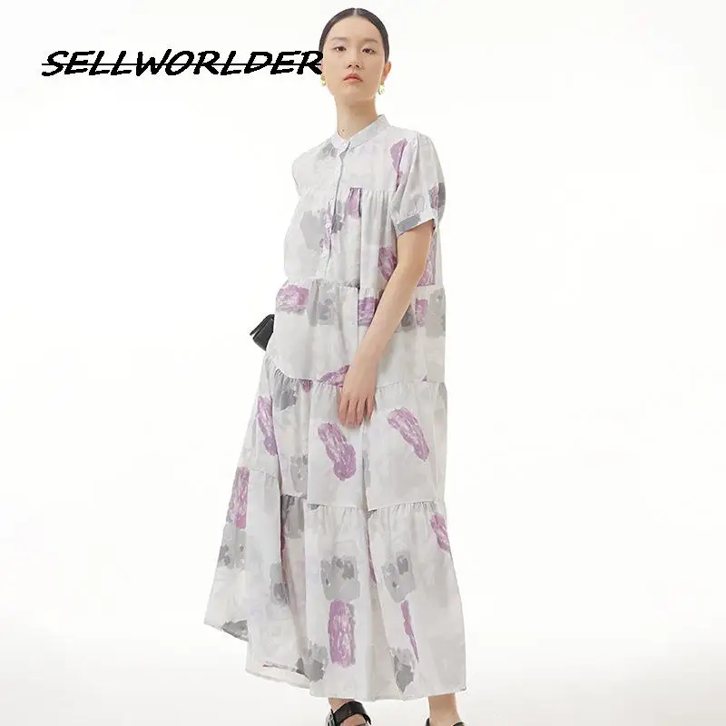 

New WOMEN Casual O neck Vintage Print Loose Chiffon Short Sleeve Long Dress