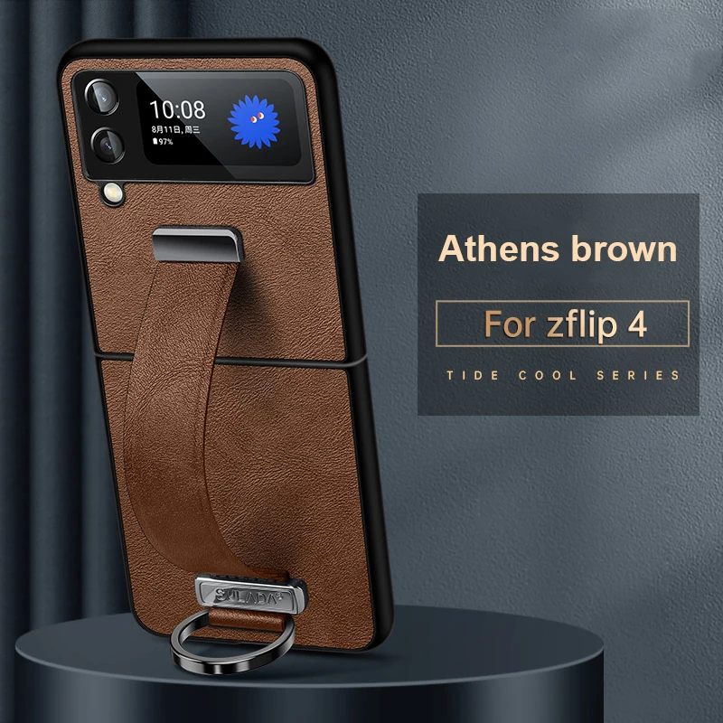 Luxury Leather Wrist Strap Case For Samsung Galaxy Z Flip 3 Z Flip 4 Z Flip 5 Z Flip5 Bracket Holder Soft Wristband Stand Cover