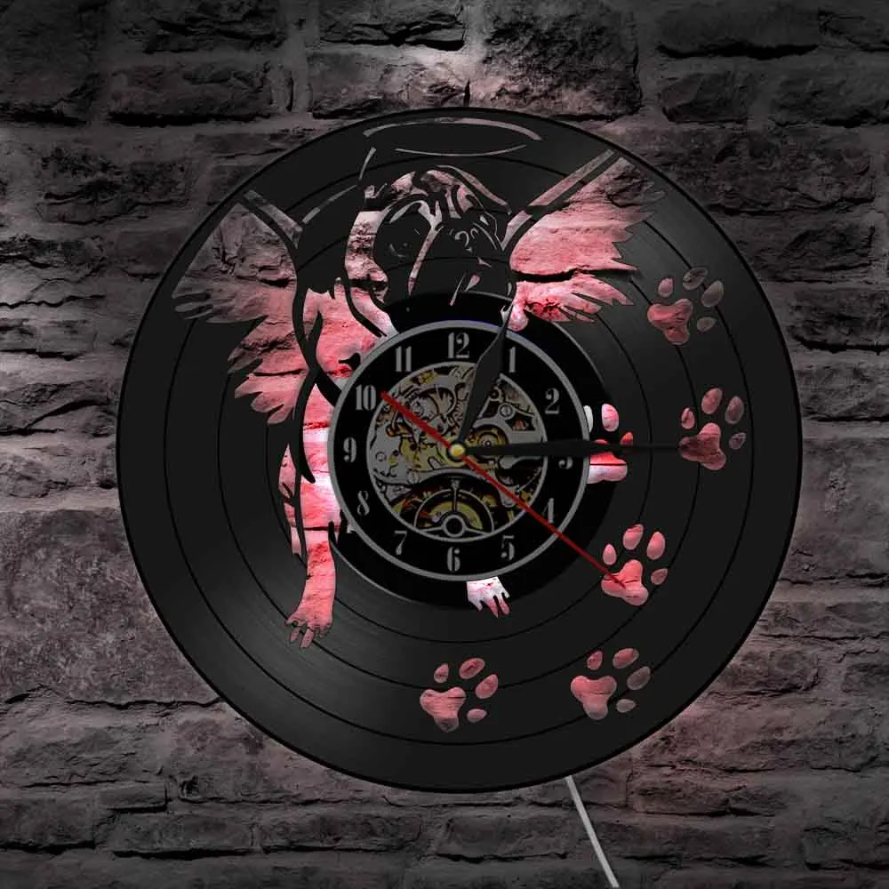 Bulldog Con Ala D'Angelo Orologio Da Parete Moderno Inghilterra Bulldog Dog Dog Paw Wall Decor Orologio Da Parete Disco In Vinile Orologio Vintage Pug