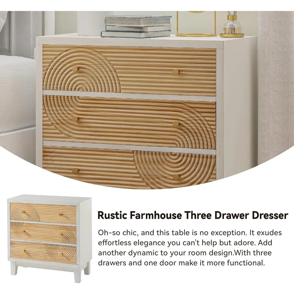 Nightstand 3-Drawer White Dresser X2 with Handicraft Wood Ring, Fully Nightstands Wooden Finish, Nightstand 4