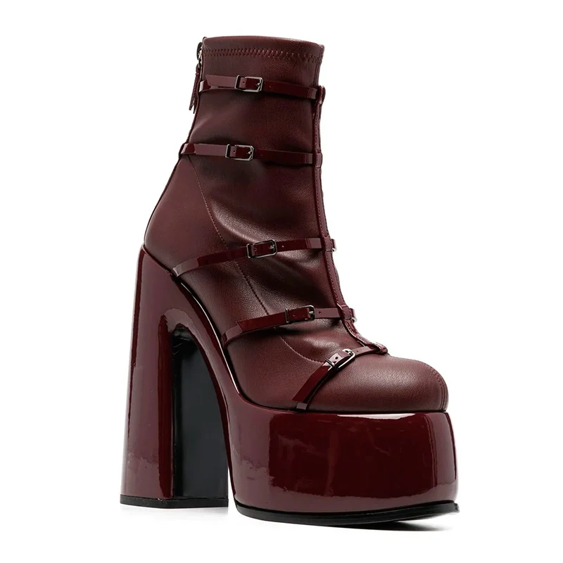 PRXDONG Women's Shoes 2022 New Fashion Autumn Winter Chunky High Heel Black Wine Red Buckle Dress Party Female Ankle Boots 35-43