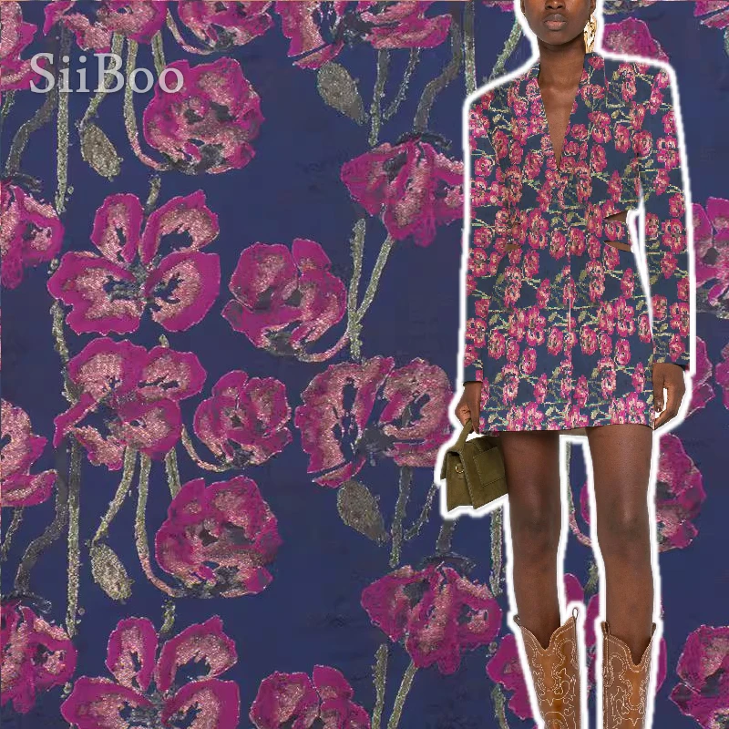 

Siiboo, жаккардовая ткань из смеси хлопка, Роскошный итальянский стиль для платья, праздничная одежда, темно-синий с фушией, Флора sp6673