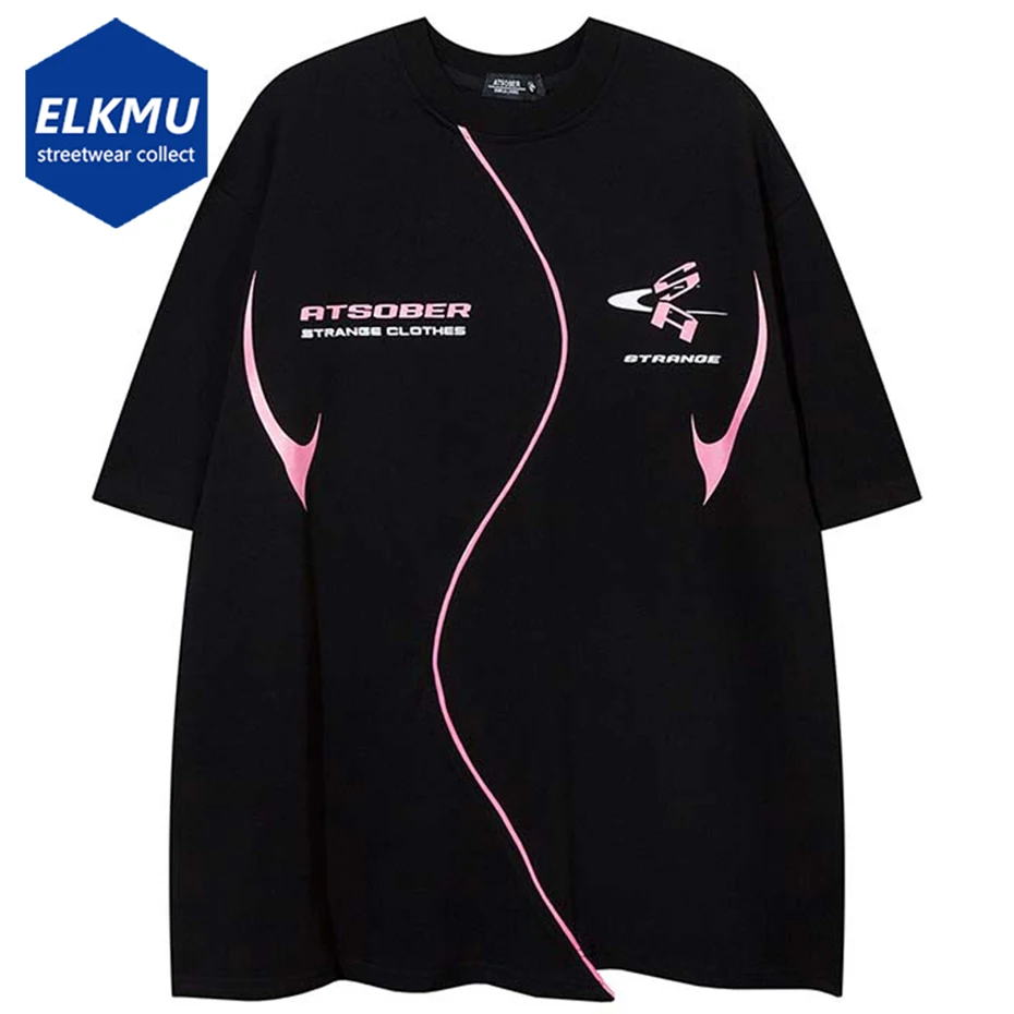 

American Style T-shirts Irregular Patchwork Printed Tee Men Harajuku Loose Cotton Tshirt Harajuku Oversized Streetwear T Shirt