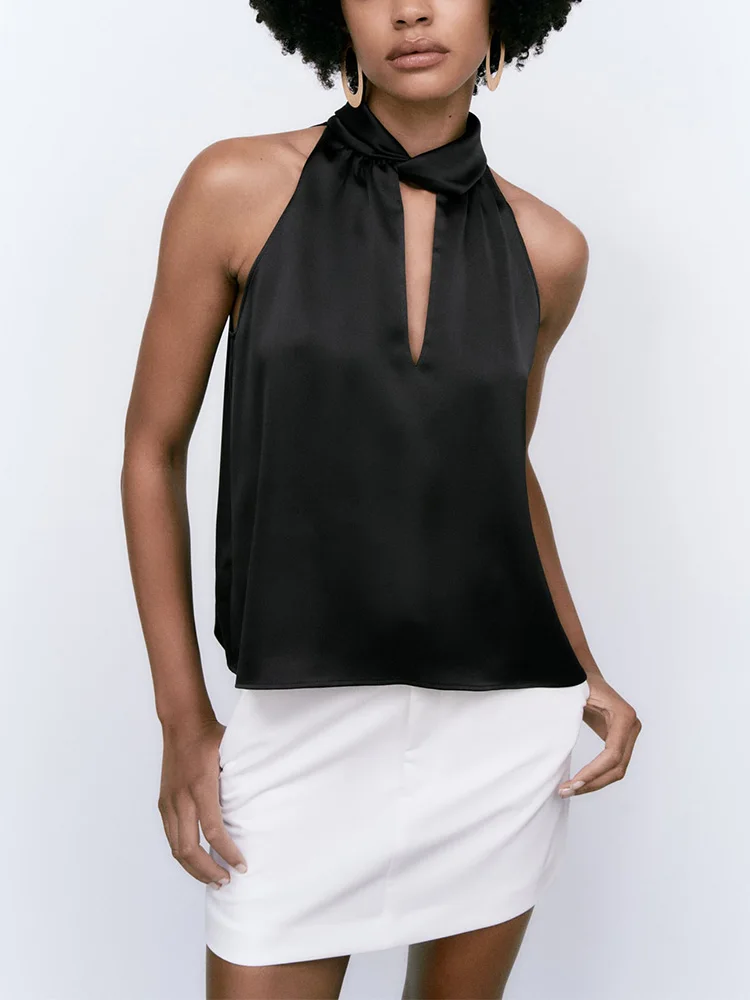 

Летние топы женские 2023 мода твист холтер с v-образным вырезом без рукавов атласная блузка топ женская одежда офисные элегантные черные блузки