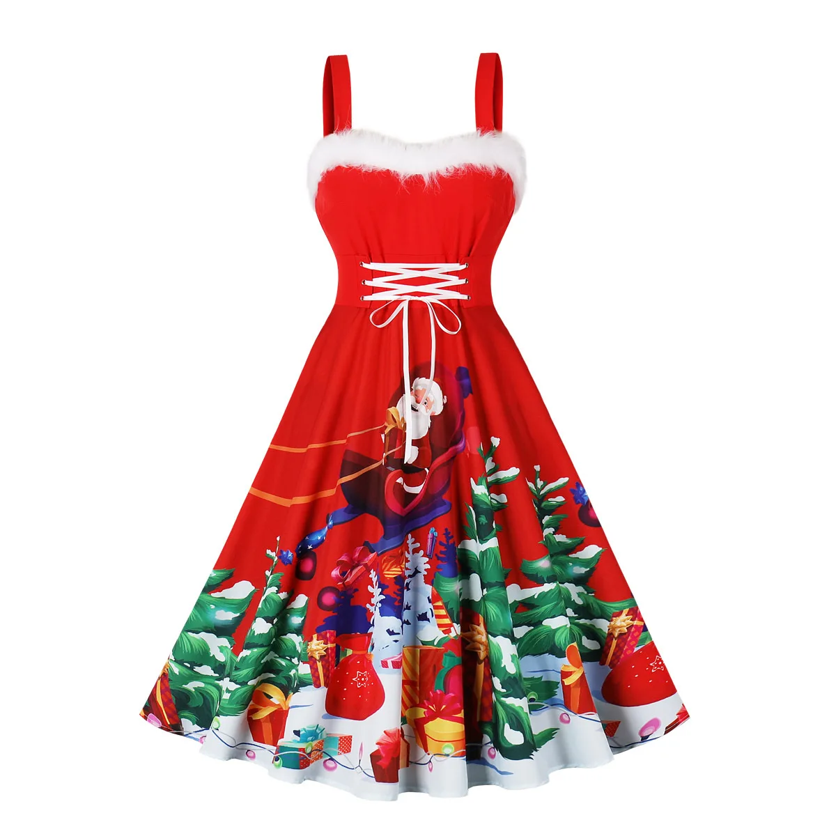 

Women Holiday Christmas Party Dress Spaghetti Strap V Neck Elegant Vintage Print Xmas New Year Prom Sundress Flare Robe SR1440