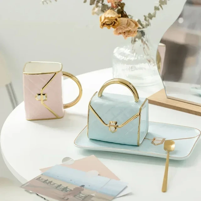 Taza con forma de bolsa de cerámica, taza de café Luruxy, bolso de mano, tazas con forma de platillo, juego de postre, tazas de té de la tarde, regalo - Image 3