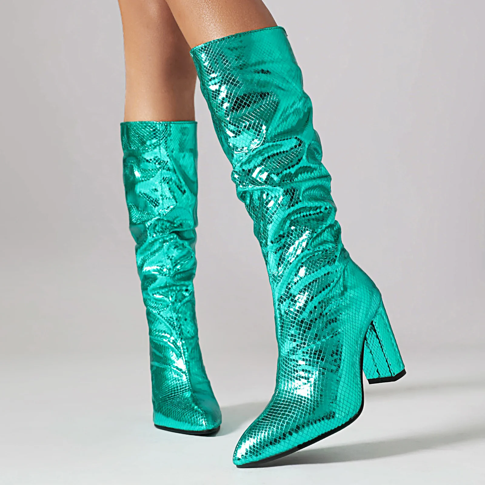 Mirror Gold Silver Boots Women Mid Calf Pleated Boots Slip on Bling Leopard Autumn Winter 2023 Shoes Chunky High Heels