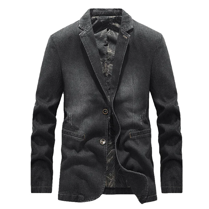 Men's New, Handsome Denim Double Buckle blazer, Youth Fashion Autumn, Business Casual Denim blazers