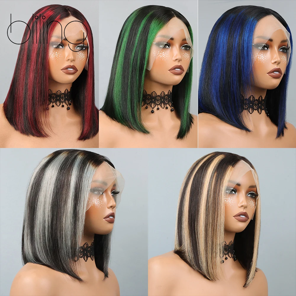 블랙 그레이 하이라이트 밥 가발 본 스트레이트 인모 브라질리언 180% 밀도 13X4X2 레이스 가발 여성용 컬러드 숏 밥 가발