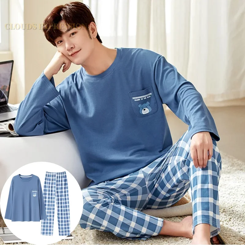 Autumn Winter Men's Cotton Pajamas Letter Striped Sleepwear Cartoon Pajama Sets Casual Sleep&Lounge Pyjamas Plus Size 4XL Pijama