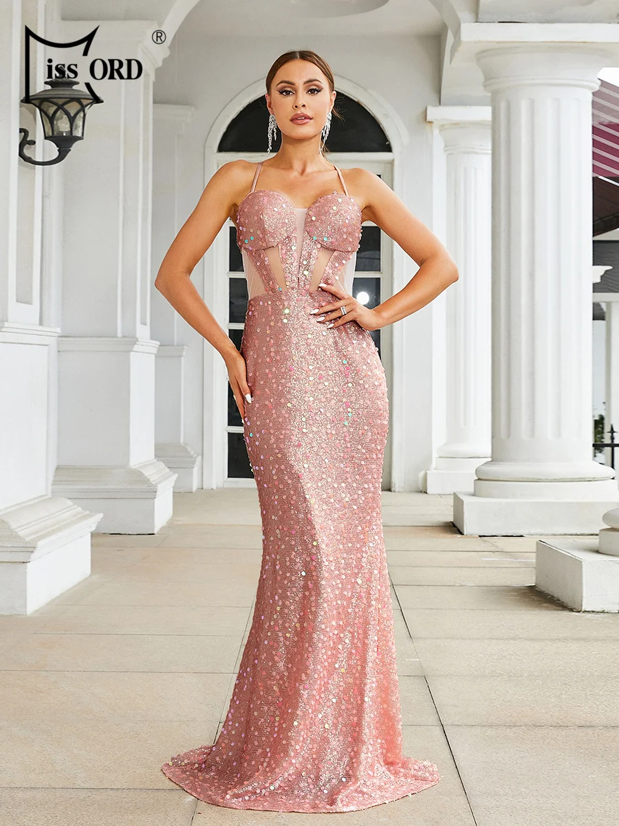 

Missord 2023 Pink Sequin Prom Dress Elegant Women Spaghetti Strap Waist Cutout Backless Evening Party Mermaid Dresses Long Gown