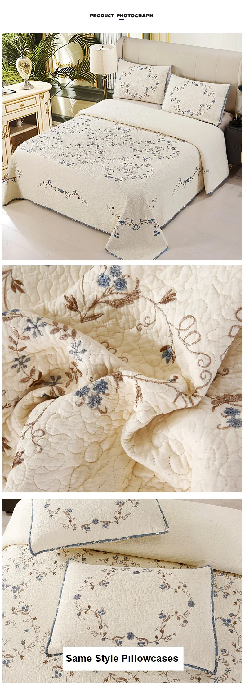 Stickerei Baumwolle Quilt Set Khaki Tagesdecke auf dem Bett Steppdecke Tröster Gepolsterte Bettdecke Bettdecke Home Bettwäsche Set 3tlg – Detail 5