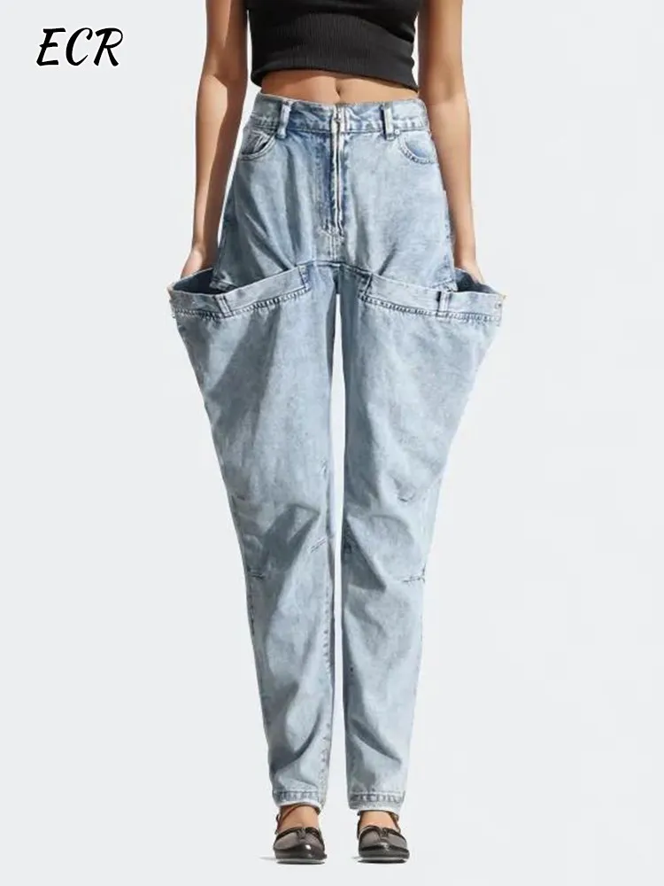 

ECR Hollow Out Irregular Chic Jeans For Women High Waist Splcied Zipper Loose Streetwear Solid Denim Pants Female Fashion New