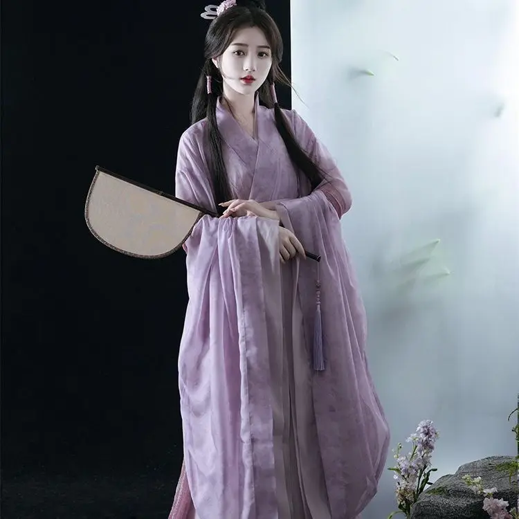Hanfu Female Wei Jin Made Han Element Cross Collar Large Sleeve Shirt Printed with Chinese Style Eight Broken Skirt Purple