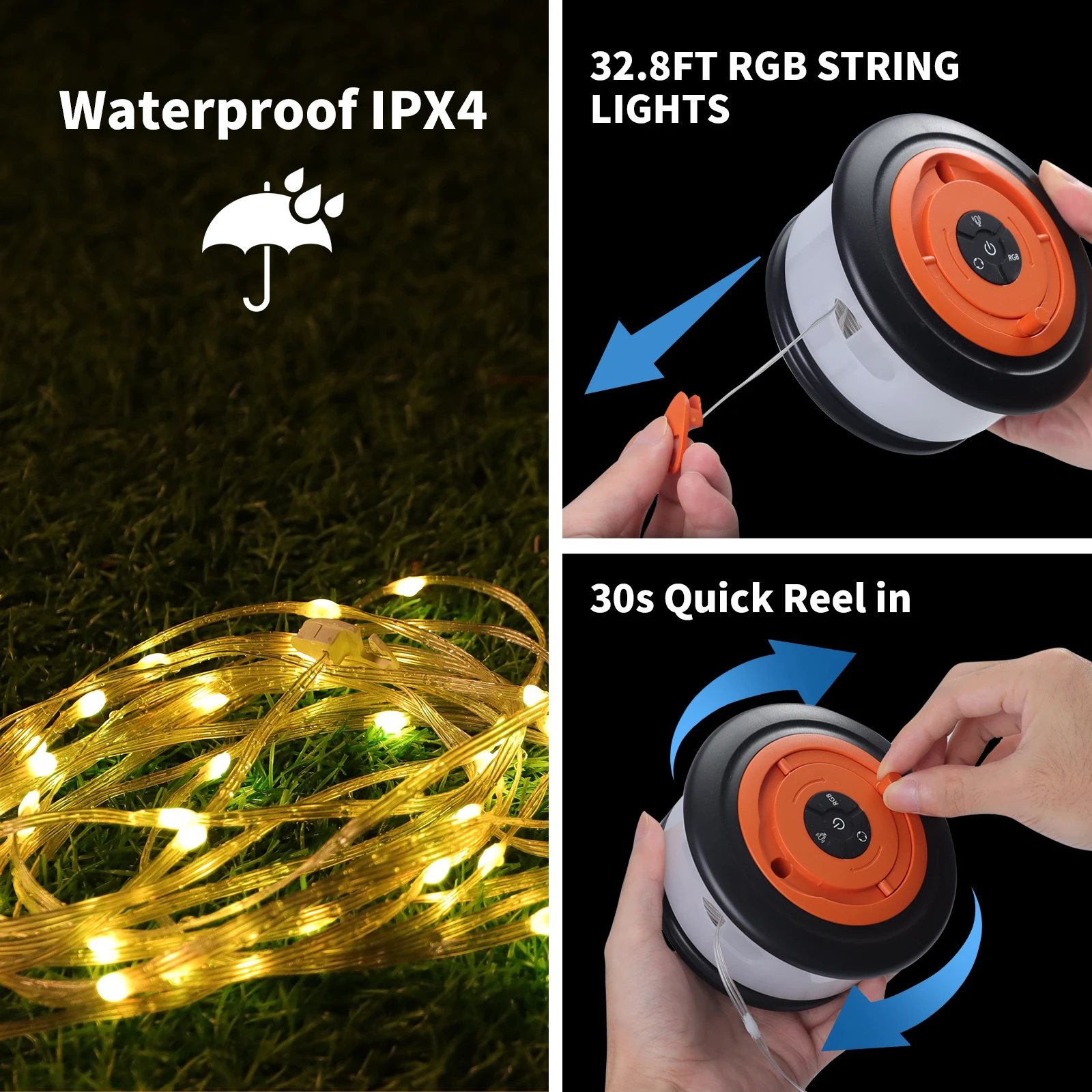 Camping String Lights, 3 in 1 Rechargeable Outdoor String Lights, 32.8FT Portable Tent Lights, Camping Lantern for Camping, Yard