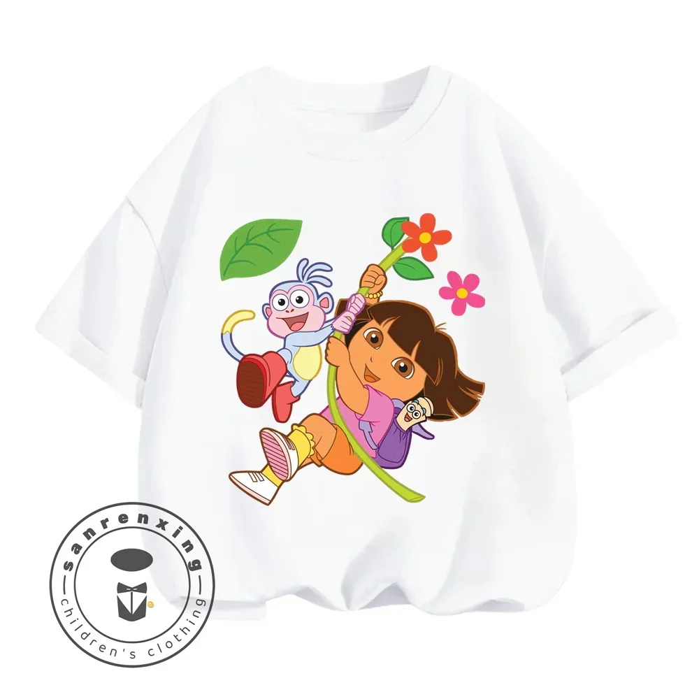 Fun Boys Girls Fashion T-shirt Dora Animated Cartoon Printed Kids T-shirt Hip Hop Boys Clothes White Short Sleeve Shirt Top 3