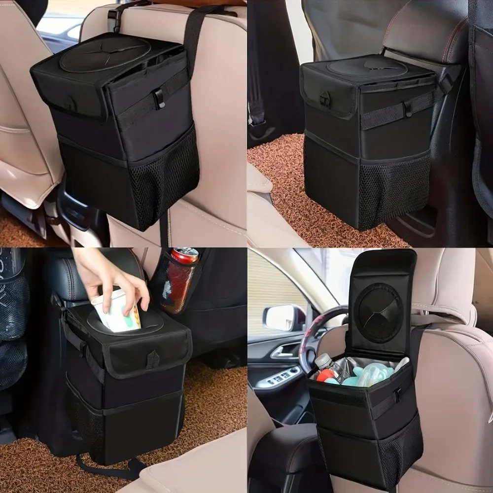 Collapsible Car Garbage Can-360&deg; Rotating Trash Holder with Mesh Storage Pockets, Universal Fit for SUV/Truck/Car Cleaning