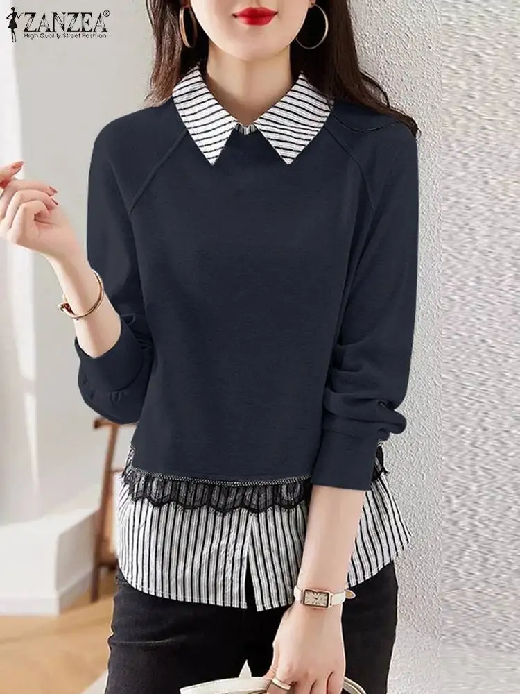 

Autumn Long Sleeve Lapel Neck Tops ZANZEA Fashion Casual Striped Patchwork Shirt Work Blusas Mujer Fake Two Pieces Women Blouse