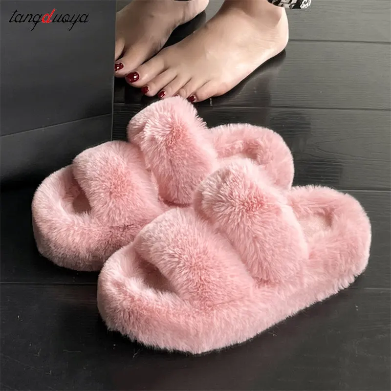

Shoes for Women 2023 New Fluffy Fur Slippers Women Winter Warm Solid Color Versatile Lovely Casual Footwear Soft Chinelos Planos