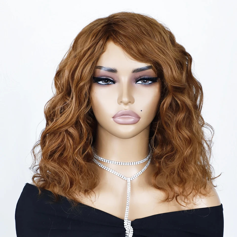 

Put On And Go Glueless Bob Curly Wig With Fringe Bangs Honey Water Wave Wigs Human Hair Side Part Big Fluffy Brown Mixed Blonde