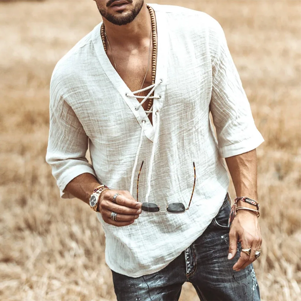 

European and American short-sleeved niche design 2023 summer men's chest tie-up mid-sleeve T-shirt