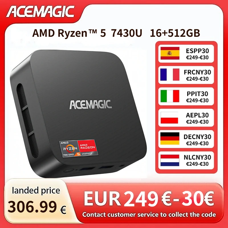 ACEMAGIC K1 MINI PC AMD Ryzen 5 7430U 16 Go de RAM 512 Go SSD Windows 11 Pro Mini Ordinateur Wifi6 BT5.2 Affichage 4K Mini PC pour Jeux Légers
