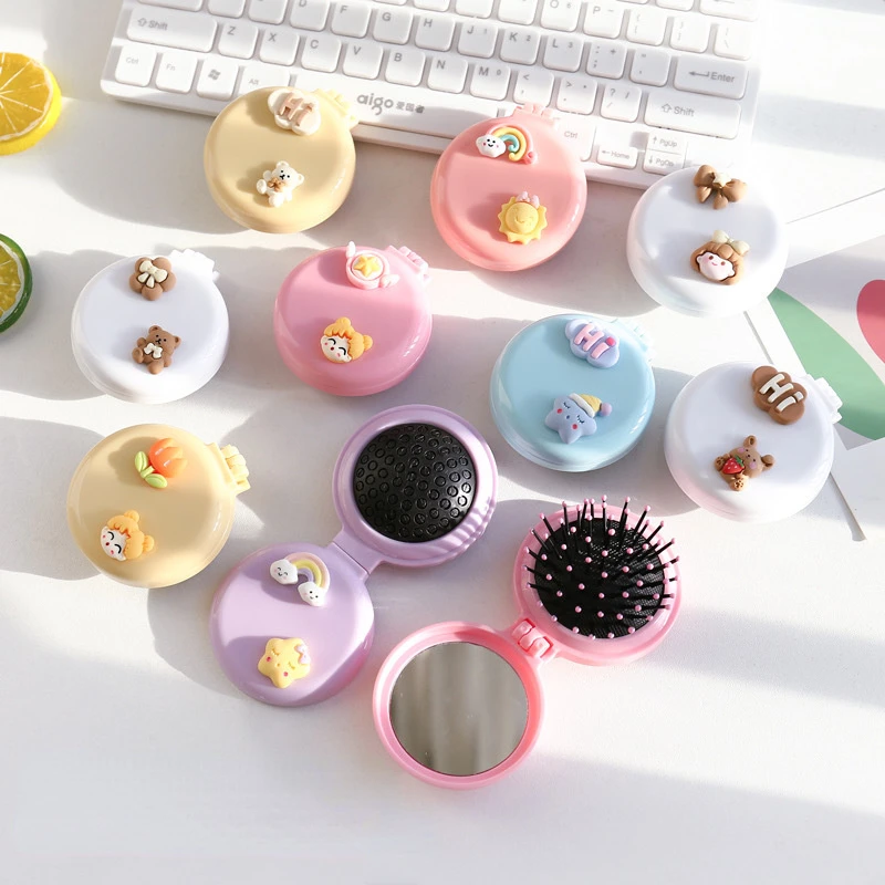 Hair Brush Comb Cute Cartoon Folding Comb with Cosmetic Mirror for Girls Air Cushion Massage Portable Comb Kids Dress Up Makeups Toy Gifts hair brush comb baby hair comb