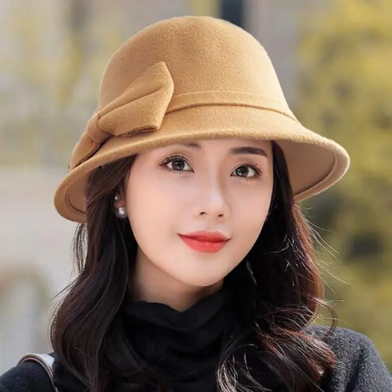 Fashion Hat Women Bow-knot Korean Woolen Felt Fedoras Vintage Elegant Bucket Cap