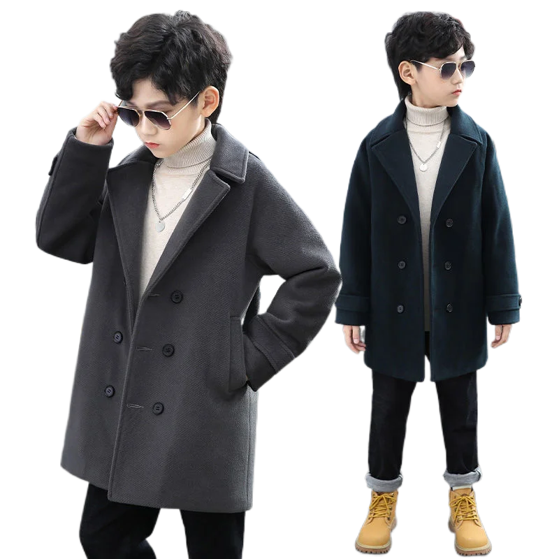 Boys Wool Coat Autumn Winter Children's Jacket Fashion Turn Collar Plaid Keep Warm Outerwear Teenage Clothes New 5-14Year