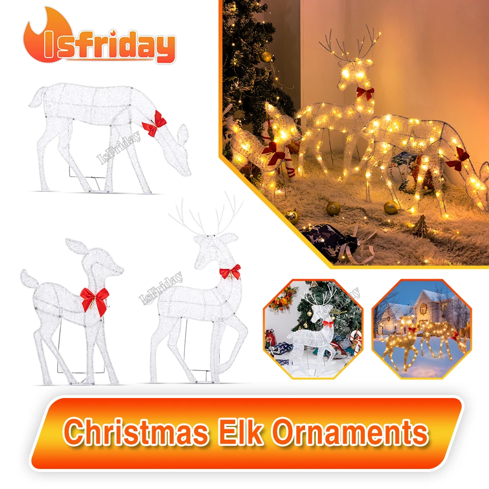 

3PCS Handmake Iron Art Elk Deer Christmas Garden Decor &LED Light Glowing Glitter Reindeer Xmas Home Outdoor Yard Ornament Decor