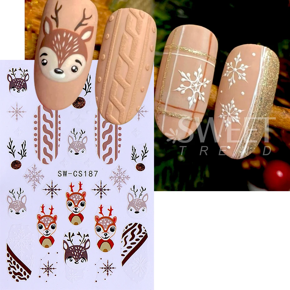 2pcs Christmas Nail Stickers Decals Snowman Reindeer Snowflakes Design Winter 3D Self-Adhesive Nail Art Decoration for Women